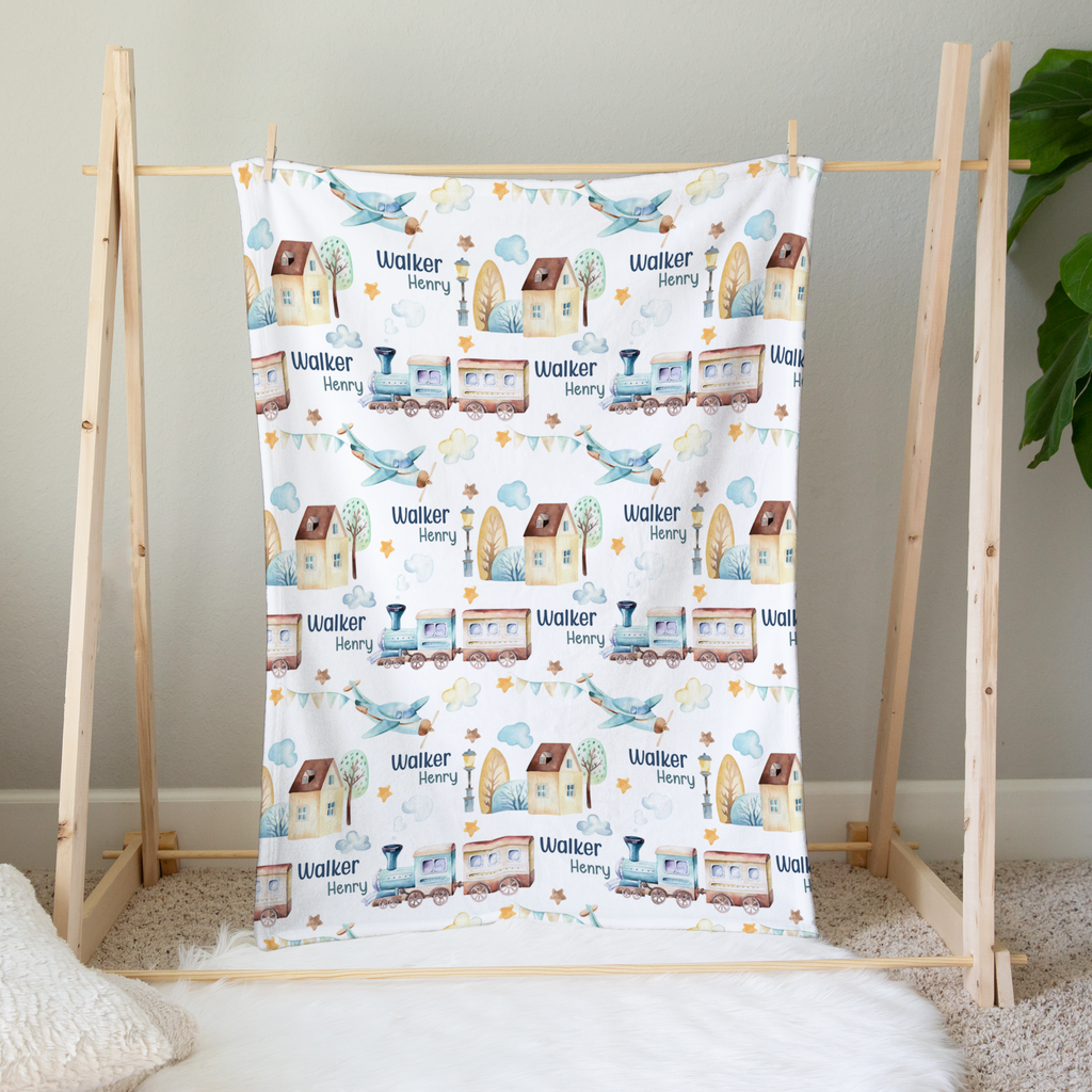 Personalized Airplane & Train Name Blanket