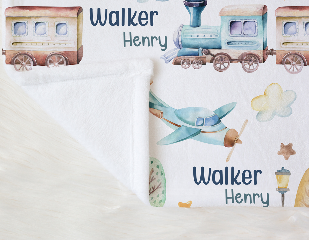 Personalized Airplane & Train Name Blanket