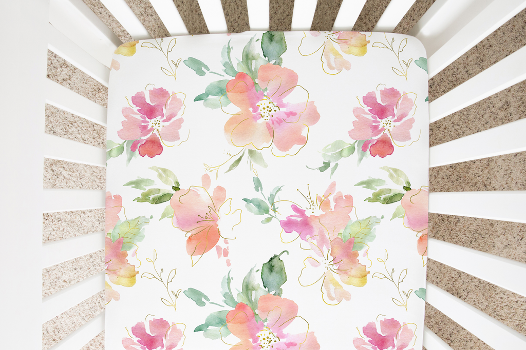 Fitted Crib Sheet - Pink & Gold Floral
